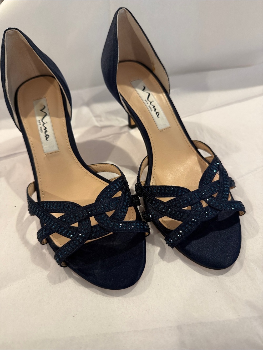 Nina Navy Crystal-Strap D'Orsay Heels